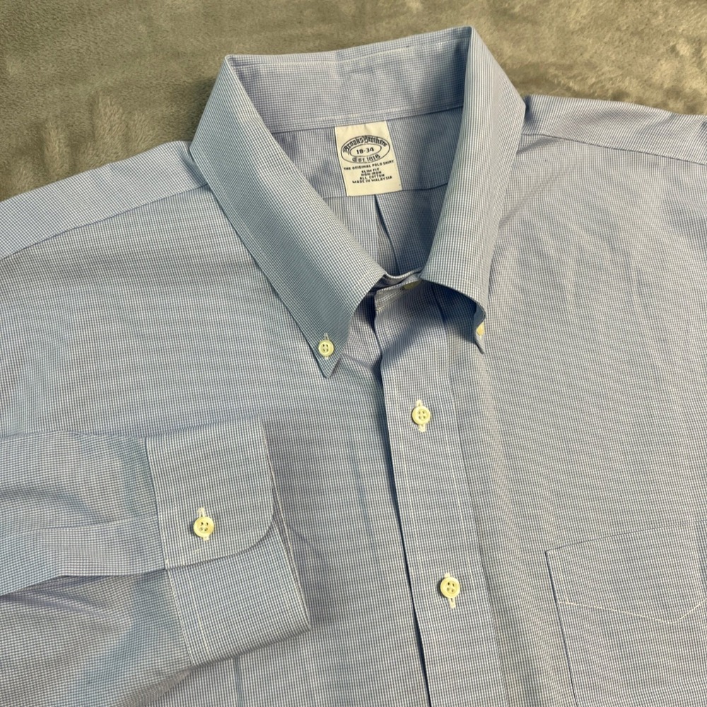Brooks Brothers Slim Fit Non-Iron Shirt Mens 18-34 2XL Blue Micro Houndstooth